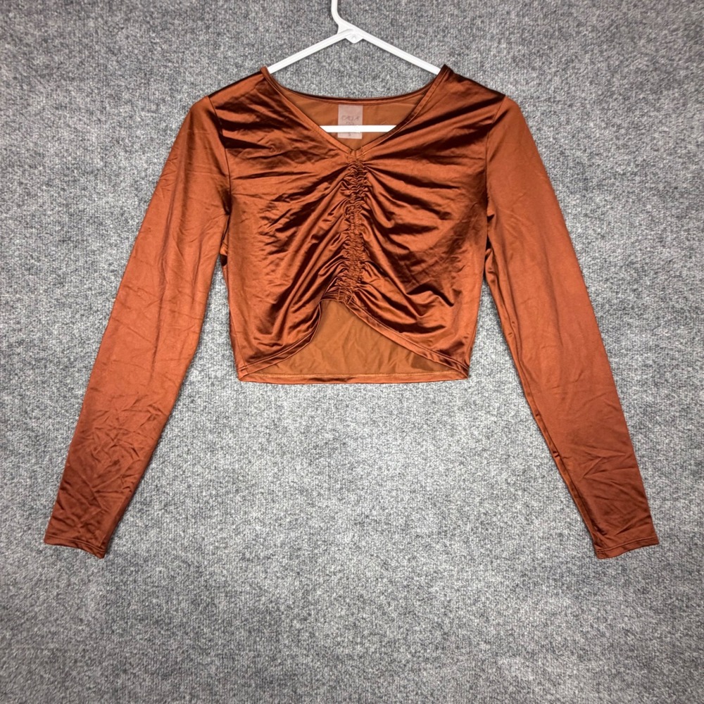 Calia Women Rust Copper Ruched V-Neck Long Sleeve Crop Top WSA34801SSP25 Small